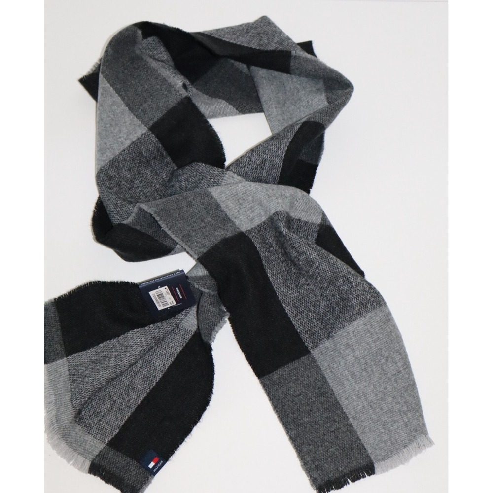 TOMMY HILFIGER Black Gray Buffalo Check Oversized MENS Scarf Fringe  6.7" x 9"